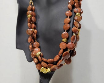 Goldstone and Gold Nugget Layered Necklace - Multistrand Polished Glass Necklace - 22 inch