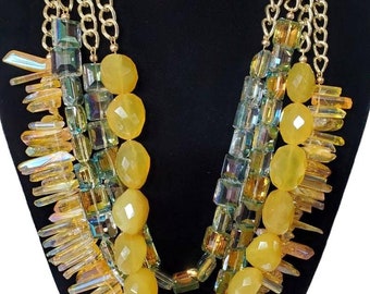 Multistrand Citrine Statement Necklace - Citrine and Iridescent Crystals and Golden Agate
