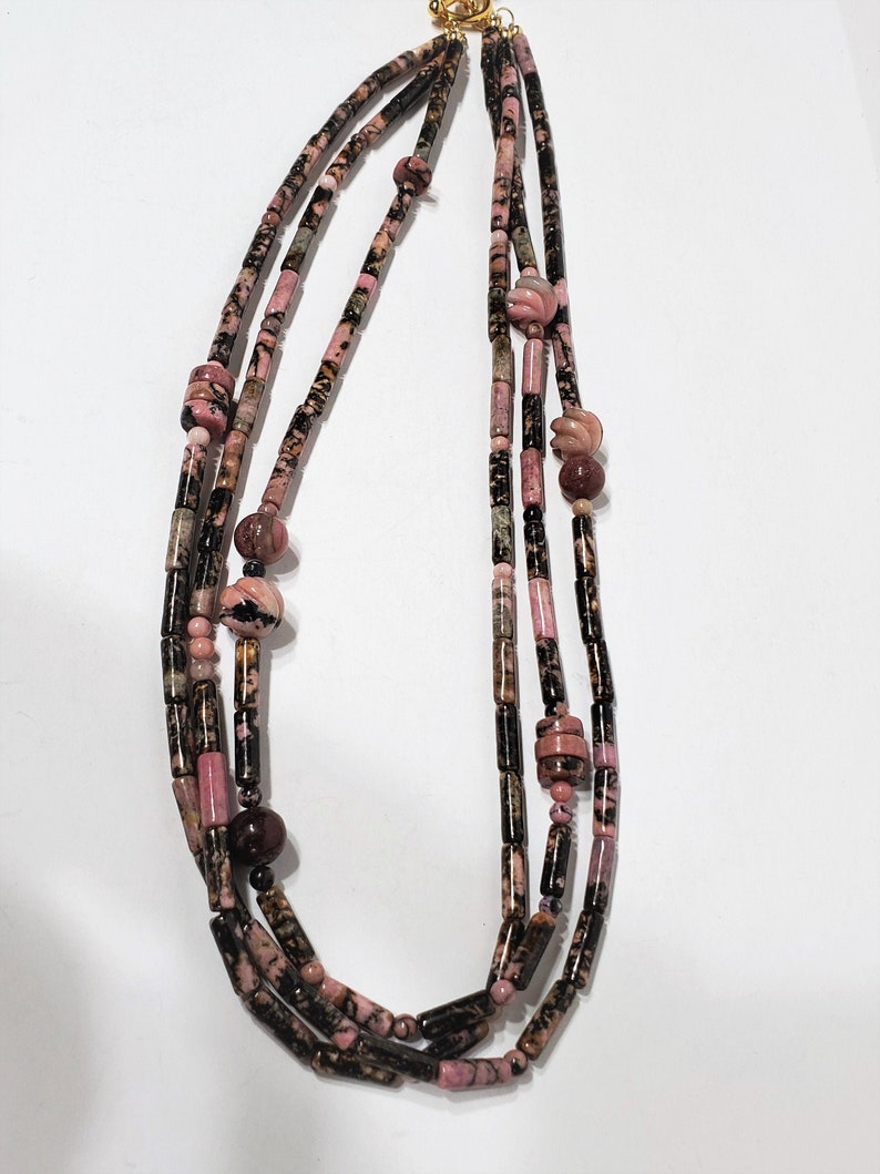 Pink Black Rhodonite Spaghetti Necklace Multistrand Polished Stone Necklace image 2