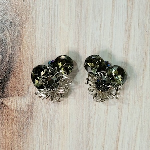 Dark Olive Rhinestone Clip On Earrings, Vintage Jewelry