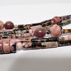 Pink Black Rhodonite Spaghetti Necklace Multistrand Polished Stone Necklace image 5