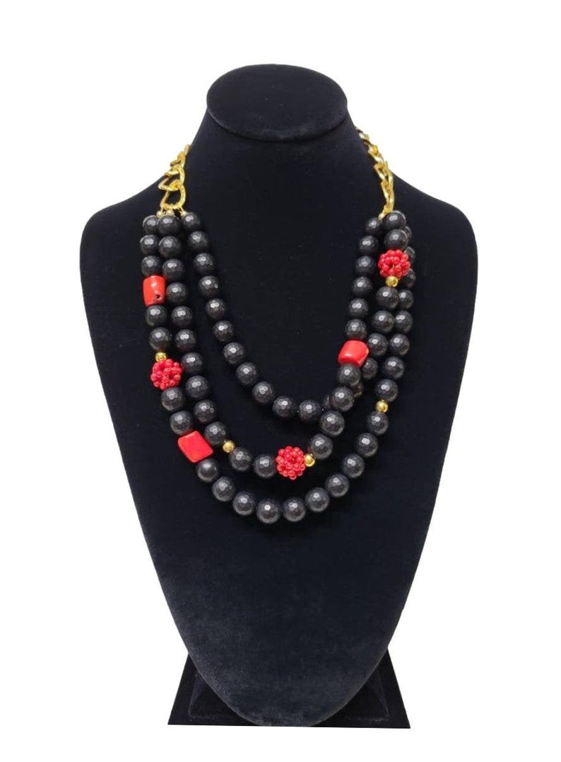 Black Onyx Triple Strand Necklace Black Red and Gold Jewelry image 1