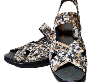 Woven Fabric 3" Heel Sandals, Beige Black White EU Size 40