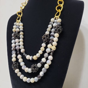 Quartz and Onyx Triple Strand Necklace - Black Navy and Cream Jewelry
