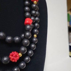 Black Onyx Triple Strand Necklace Black Red and Gold Jewelry image 2