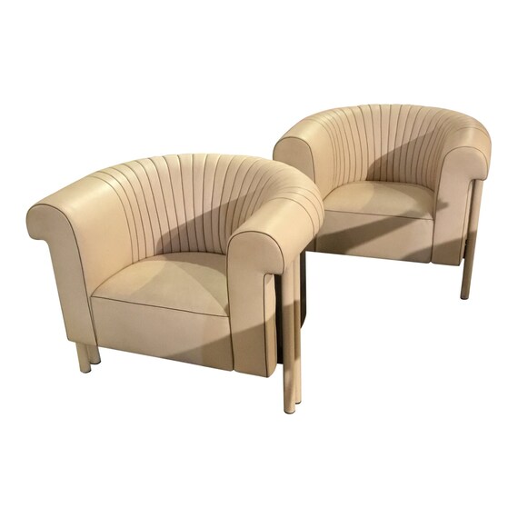 Modern Cream Leather Club Chairs Pair Leather Barrel Chairs Etsy