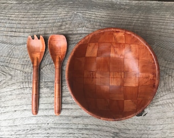 Vintage Woven Wood Bowl with Serving Spoons