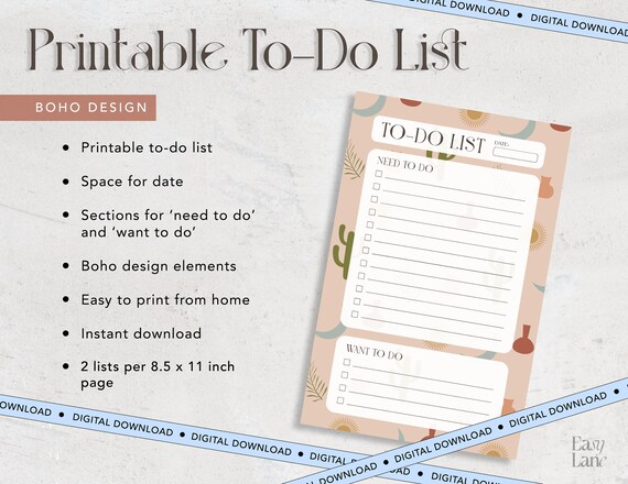 Boho Printable To-do List PDF Digital Download Task List - Etsy