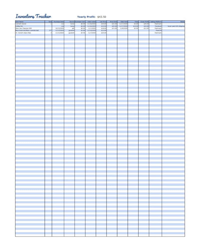 May include: A spreadsheet with column headers for "Item Name", "Purchase Cost", "Source", "Customer Cost", "Date Listed", "List Price", "Size", "Date Sold", "Item Fee", "Gross Profit", "Trading Platform", "Notes". The spreadsheet is used to track inventory and sales.