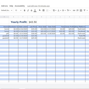May include: A spreadsheet with a blue header and light blue rows. The spreadsheet is titled "Inventory Tracker" and shows a list of items, purchase dates, source, purchase cost, date listed, list price, price sold, date sold, fees, gross profit, selling platform, and notes. The yearly profit is $43.50.