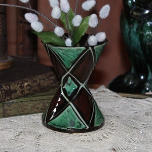 MCM, Denmark Mid Century Modern Vase, Geometric Vase, 1960s, Retro Vase, Made in Denmark 508, Green and Black, Diamond Pattern, Scandinavian