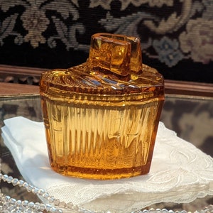 Vintage Vanity Trinket Jar, Reich Bohemia c 1930's, Vintage Amber Glass, Vanity Jar, Dresser Jar image 3