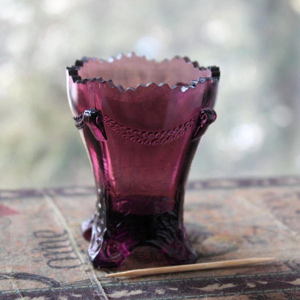 Vintage Amethyst Colonial Swag Degenhart Toothpick Holder, Pre-1972, Degenhart Glass, USA, Unmarked, Collectible Toothpick Holder, Purple