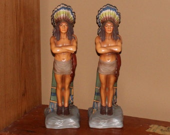 Native American Indian Ceramic Statues, Large Vintage Indian Statues, Vintage Bookends, 1960s, Handpainted statues, Mid-West, Sold as Set