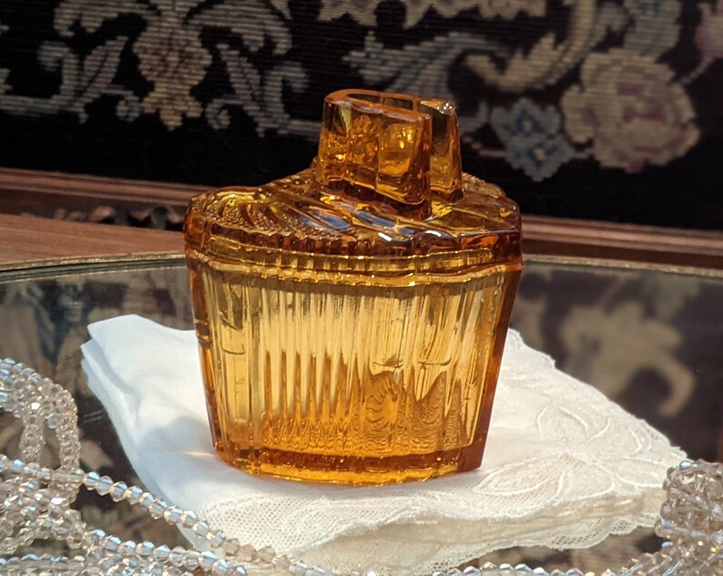 Vintage Vanity Trinket Jar, Reich Bohemia c 1930's, Vintage Amber Glass, Vanity Jar, Dresser Jar image 3