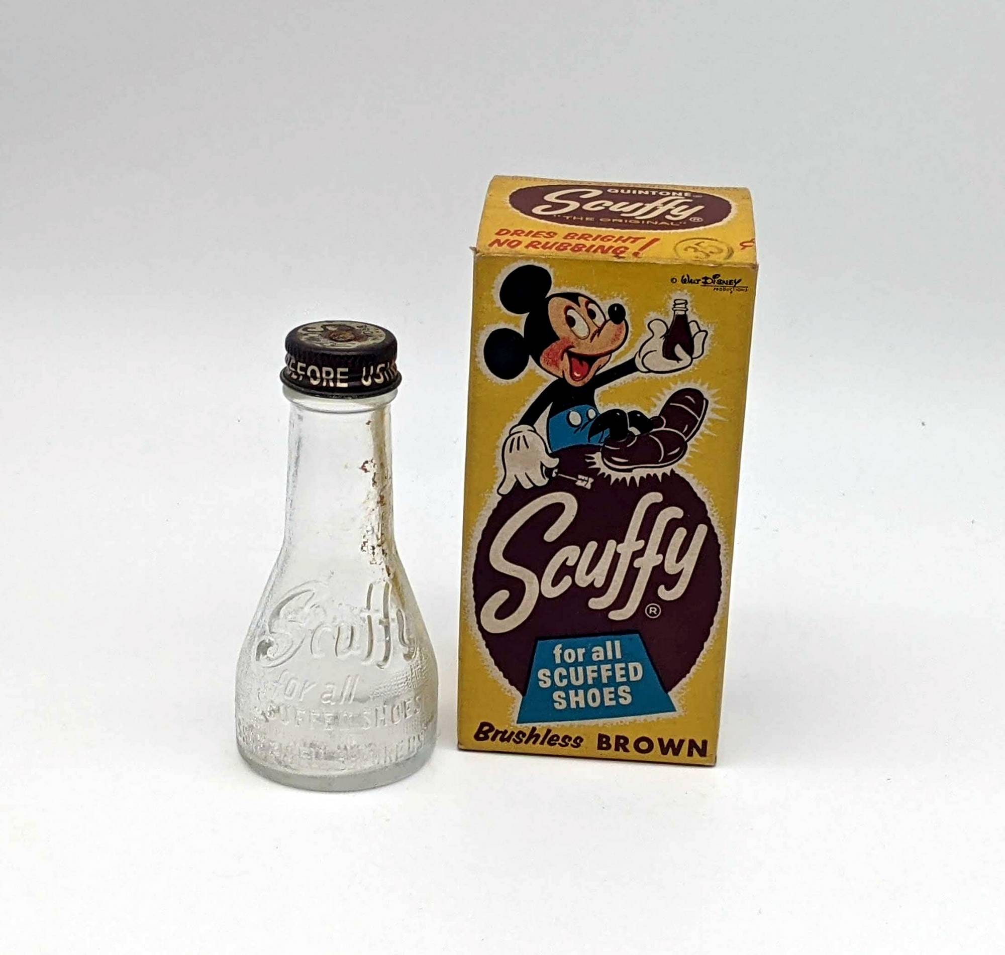 VTG Walt Disney Endorsed "Scuffy" Brushless Brown Shoe Polish, Advertising Collectible, 1950s, Original Bottle and Box