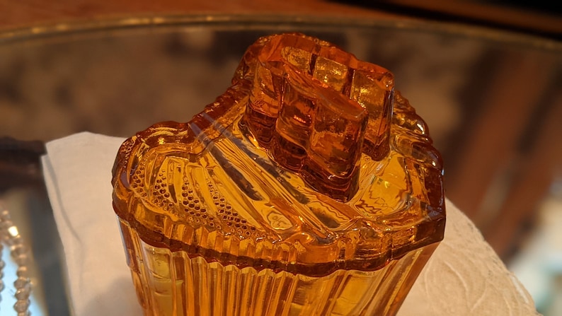 Vintage Vanity Trinket Jar, Reich Bohemia c 1930's, Vintage Amber Glass, Vanity Jar, Dresser Jar image 7