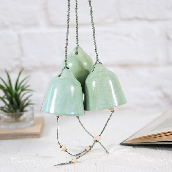 Set of 3 ceramic hanging bell // handmade wind chime bell | zen bell | cow bell | rustic decor | garden decor | housewarming gift | mom gift