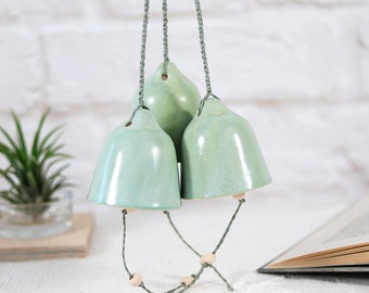 Set of 3 ceramic hanging bell // handmade wind chime bell | zen bell | cow bell | rustic decor | garden decor | housewarming gift | mom gift
