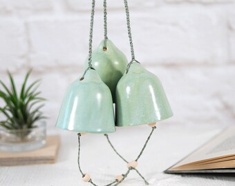 Handmade Ceramic Hanging Bell Set: Rustic Wind Chime Decor