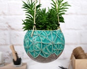 Large hanging planter pot farmhouse decor hand-painted texture in turquoise indoor outdoor garden ceramic plant lover gift