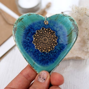 Turquoise Ceramic Heart Decor: Mandala Hanging Ornament, Boho Wall Art