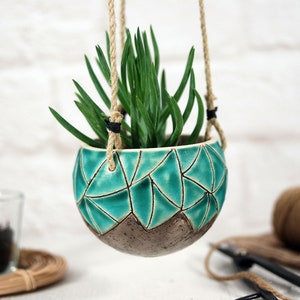 Small turquoise ceramic hanging planter wall hanging planter indoor planter pot succulent planter cactus planter boho wall decor image 1