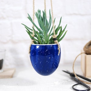 May include: A blue ceramic hanging planter with white speckles, filled with a green succulent plant and hanging from natural twine.