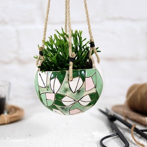 Ceramic hanging planter mini / indoor & outdoor modern hand-painted plant holder succulent cactus planter pot unique planter gift image 1