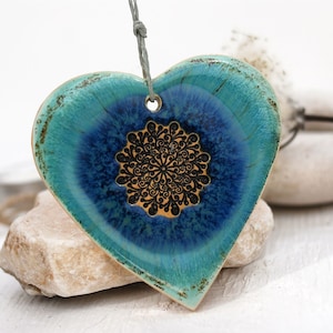 1 Large turquoise ceramic heart decor with mandala hanging heart ornament wall decor heart home decor boho thank you gift image 2