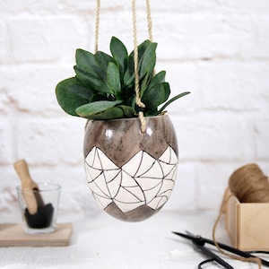 Hanging ceramic planter // hand carved & hand-painted texture ceramic plant pot for succulents, air plants, cactus gift for plant lover image 1