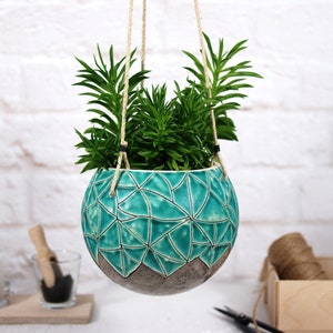 Turquoise Ceramic Hanging Planter: Bohemian Wall Decor
