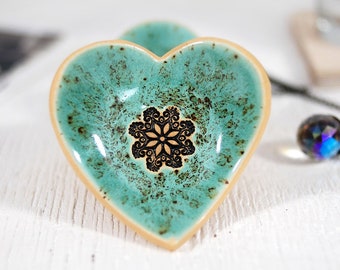 Handmade Turquoise Heart Trinket Dish: Mandala Ceramic Jewelry Bowl