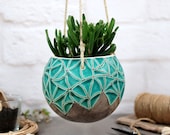 Ceramic hanging planter farmhouse decor hand-painted texture speckled turquoise indoor outdoor garden ceramic plant lover gift