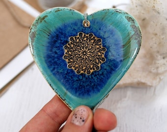 1 Large turquoise ceramic heart decor with mandala | hanging heart ornament | wall decor heart | home decor boho | thank you gift