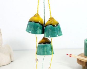 Boho ceramic wind hime bells set of 3 | handmade wind chime bells | wall hanging decor | garden wind bell | perfect for indoor or outdoor