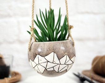 Small white ceramic hanging planter | handmade ceramic planter for succulent, cactus, air plants | ideal gift for plant lover