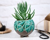 Modern ceramic planter for succulent, cactus, air plant mini planter pot with hand carved turquoise texture gardening garden gift
