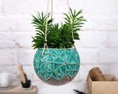 Large hanging planter pot farmhouse decor hand-painted texture in turquoise indoor outdoor garden ceramic plant lover gift