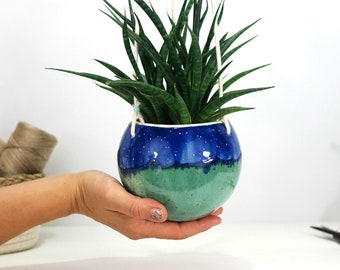 Jardinière suspendue en céramique turquoise et bleue | décoration murale boho faite à la main | succulentes et jardinières de cactus | jardinière de cactus | cadeau d’amoureux des plantes