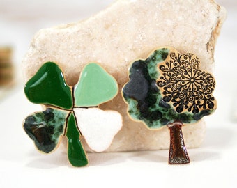 Ceramic fridge magnet // four leaf clover and tree magnet | good luck magnet | good luck gift | refrigerator magnet kitchen magnet