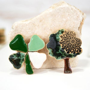 Ceramic fridge magnet // four leaf clover and tree magnet good luck magnet good luck gift refrigerator magnet kitchen magnet image 1