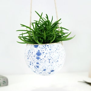 Small white ceramic hanging planter with speckled blue dots | wall hanging planter pot | succulent planter | modern home decor | plant gift
