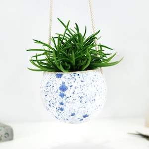 Small white ceramic hanging planter with speckled blue dots wall hanging planter pot succulent planter modern home decor plant gift image 1