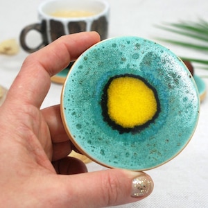 Set of 3 Turquoise Ceramic Coasters: Handmade Mandala Drink Coasters