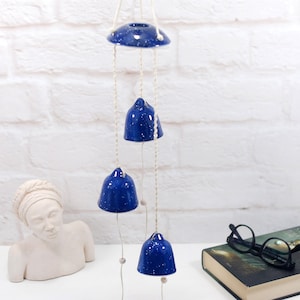 Unique blue ceramic wind chime bells | pottery cow bells | modern home decor | garden patio decor | home and garden gift |