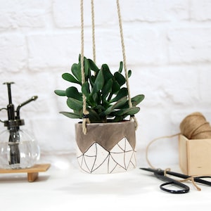 Handmade Ceramic Hanging Planter: Speckled White Geometric Garden Pot