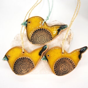 Hand-Glazed Yellow Ceramic Bird Decor: Wall Hanging Ornaments, Set of 3