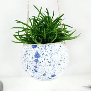 Small white ceramic hanging planter with speckled blue dots wall hanging planter pot succulent planter modern home decor plant gift image 8