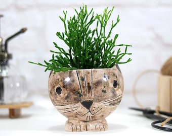 Handmade Ceramic Cat Planter, Hanging Succulent Pot, Animal Decor